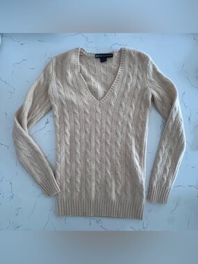 Ralph Lauren Black Label 100% Cashmere Cable Knit V-Neck Sweater S Beige
